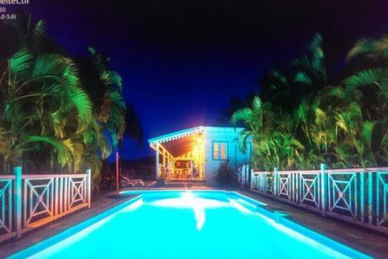 la grande piscine (32m²) illuminée le soir